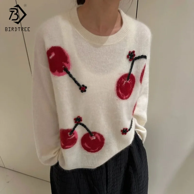 

Birdtree,95% Sheep Wool 5% Cashmere Sweater,Woman Jacquard Knitted Warmth Knitwear,2025 Autumn Winter Basics Pullover T5N511JF