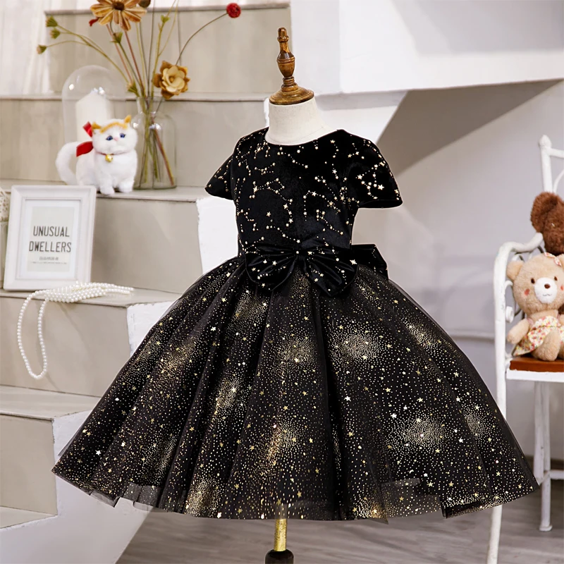 Girl Kids Exquisite Training Performance Dress Shiny Star Bow Formal Prom Gown Children Luxury Princess Evening Dresses