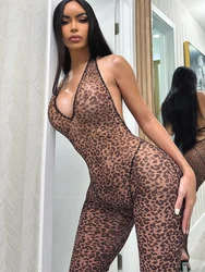 Sibybo Sexy Halter Backless Deep V Leopard Print Jumpsuit Basics Casual Skinny Leggings 2024 Summer Spicy Girl Streetwear