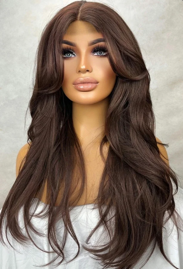 شعر مستعار مموج طبيعي بلون الشوكولاتة البني الاصطناعية باروكة أمامية من الدانتيل شعر مستعار نسائي عالي الجودة للاستخدام اليومي للحفلات #5