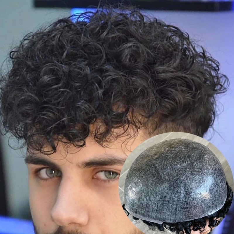 

22mm Curly Black Thin Skin Toupee For Men Human Hair Replacement System Microskin Full Poly PU Afro Wave Capillary Prosthesis