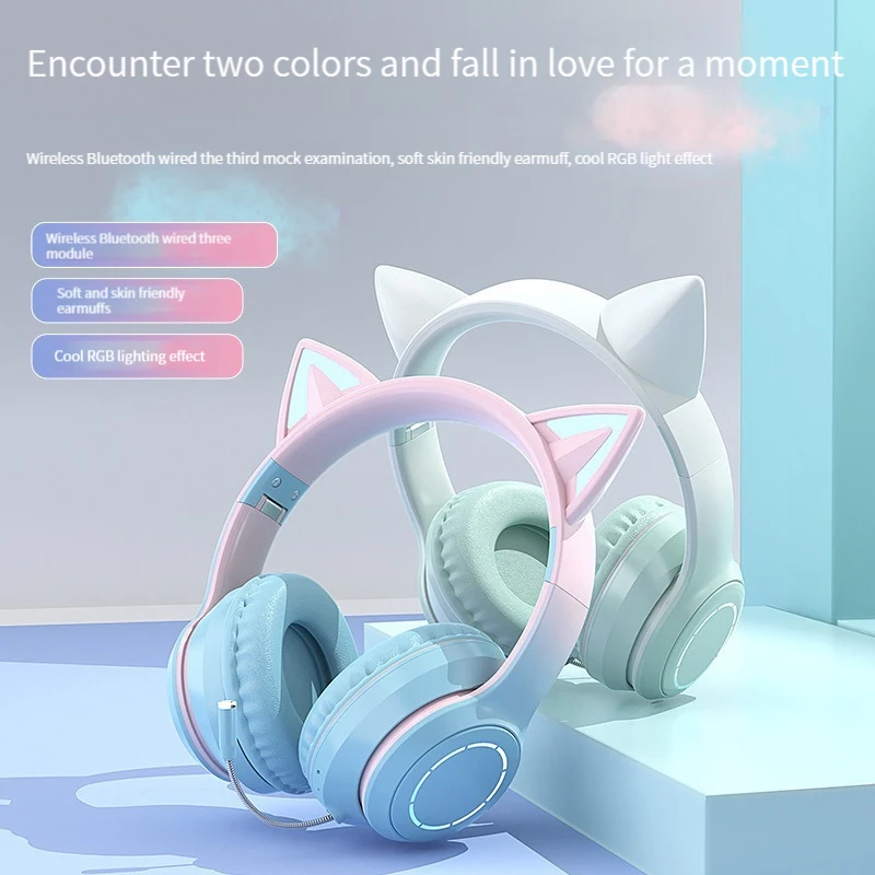 Auriculares inalámbricos con Bluetooth, audífonos plegables con música, gradiente de Color Flash, orejas de gato encantadoras con micrófono para