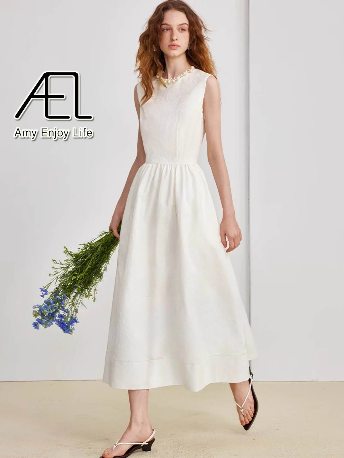

AEL Women's Sleeveless A-Line Dress round Neck Pearl Linen White Dress New