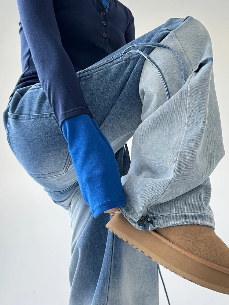 American Retro Color Blo Dstring Loose Straight Leg Jeans Women Winter Street Sle Long Trousers High Waist Cotton Stre...
