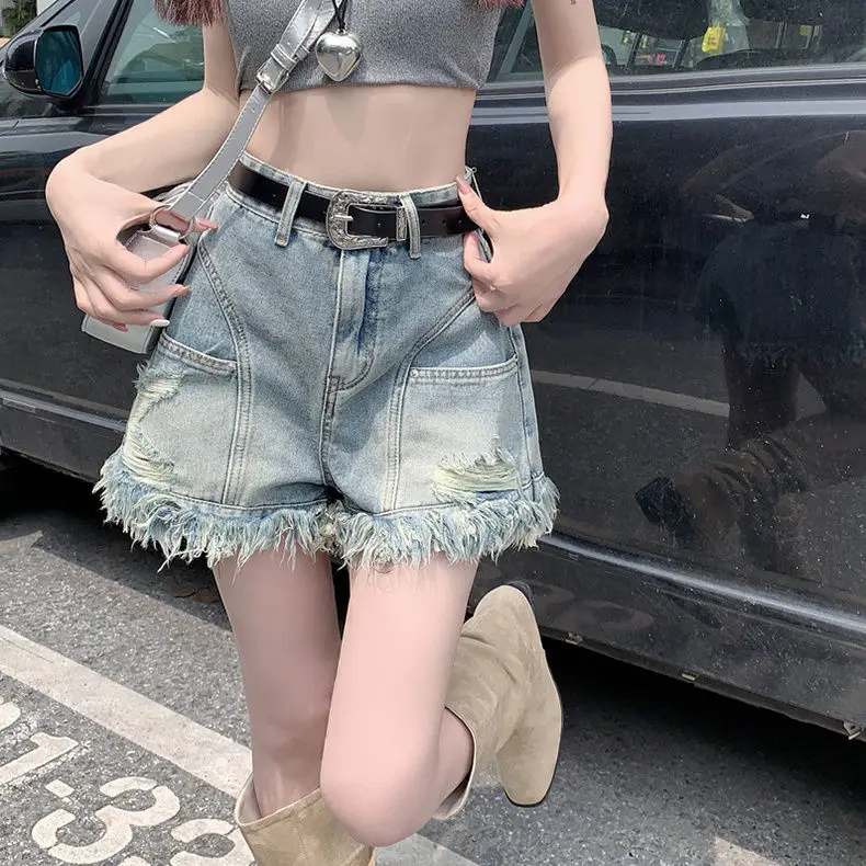 Lagged Burr High Waist Denim Shorts Women Summer New Style Niche Casual Versatile Retro Slimming Design A-Line Pants