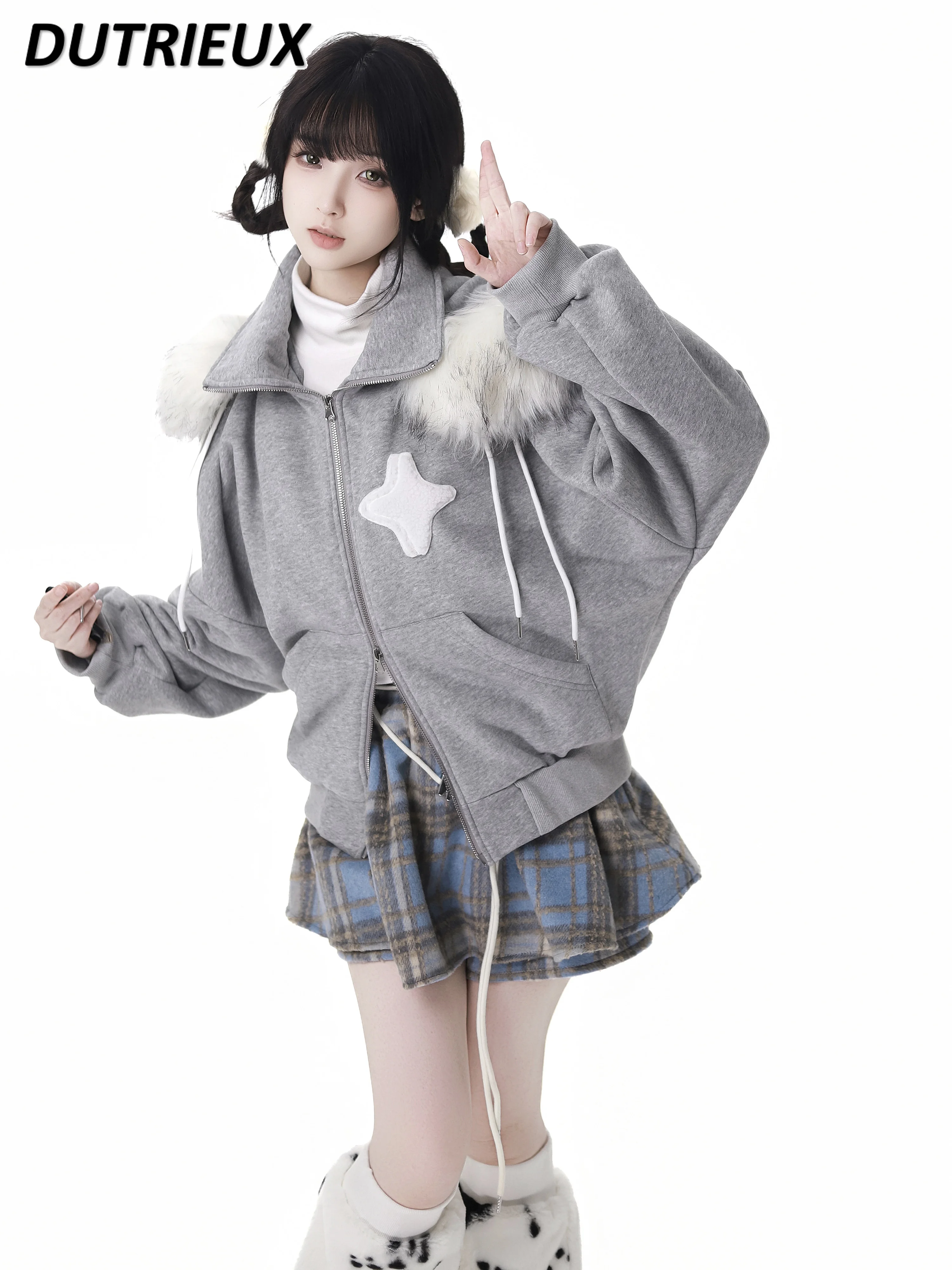 Sweet Cute Fur Collar Plush Ladies Loose Jacket Plaid Design Sense Thin Fshion New Autumn Winter Casual Coats for Women