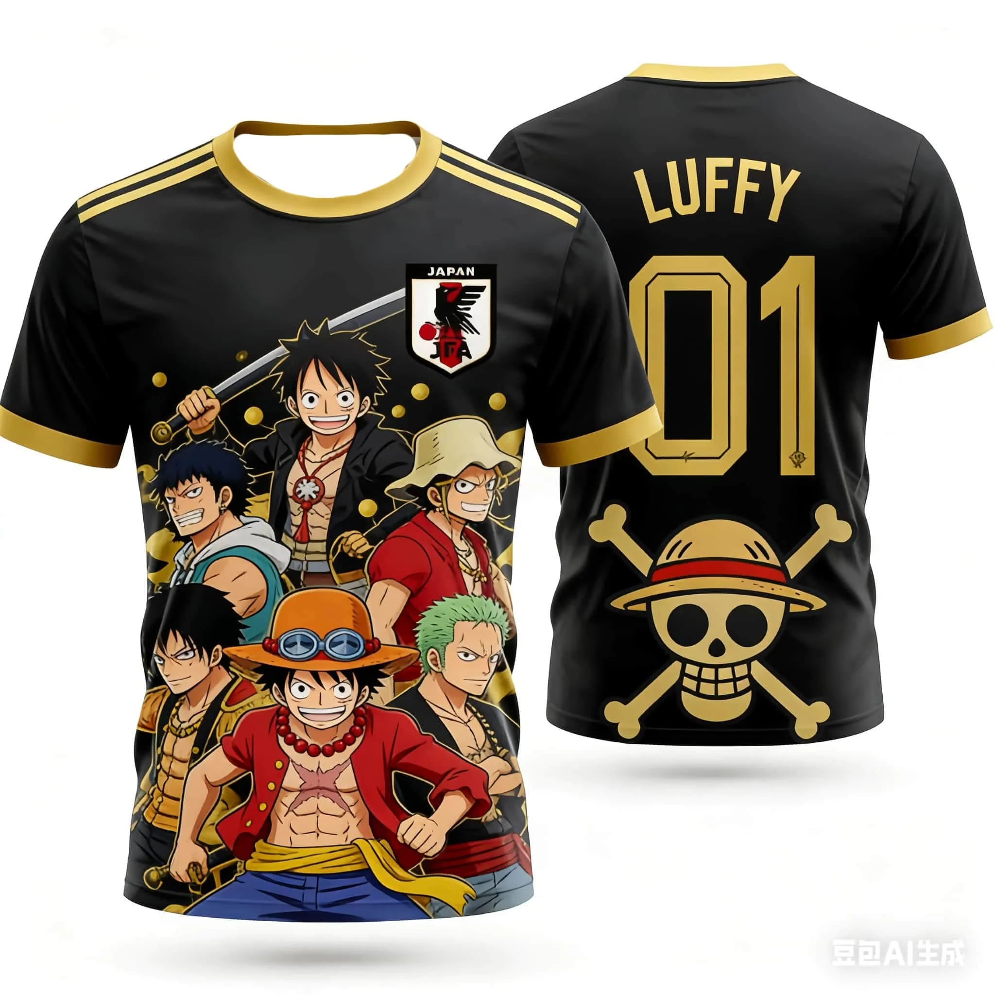 Camiseta de manga corta transpirable de secado rápido para niños, unisex, con diseño de One Piece Luffy y la selección nacional de fútbol de Japón, estilo urbano y deportivo.