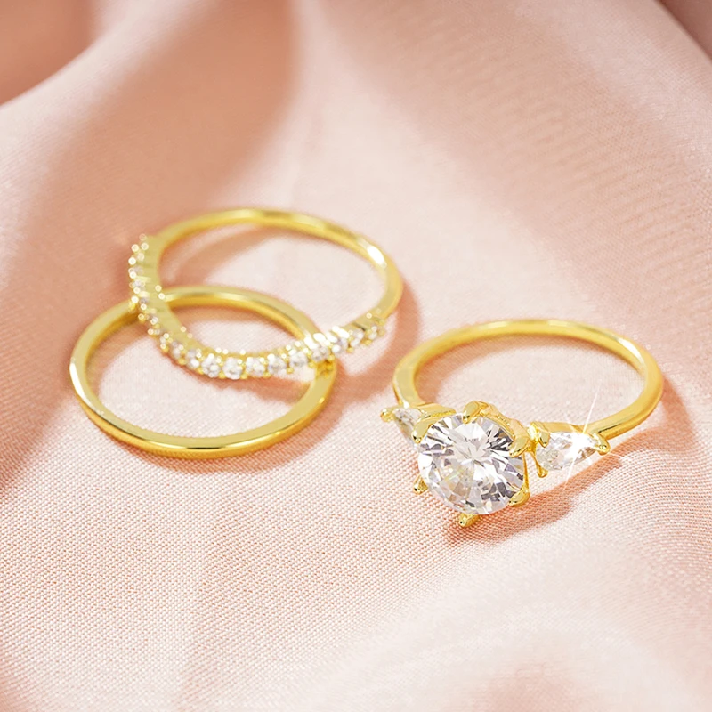 Huitan declaración 3 uds conjunto de anillos de circonia cúbica para mujer para fiesta de boda Color dorado temperamento anillos de dedo femeninos joyería de moda