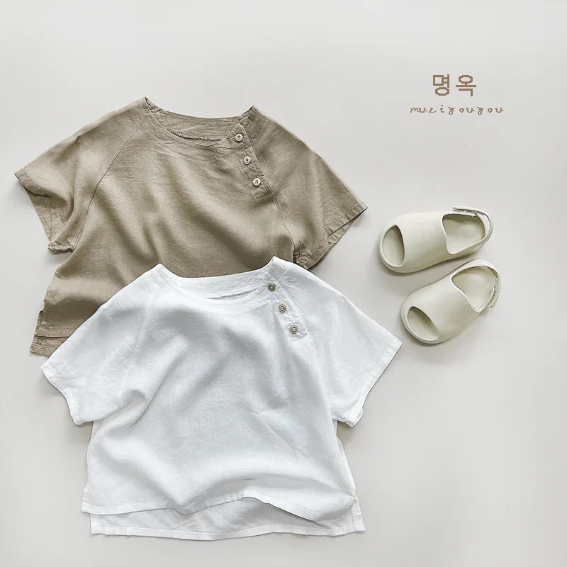 

HZMY-Children's Cotton and Linen Small Shirt Top2024Summer New Male and Female Baby Japanese Short SleeveTT-shirt Mori Style Chi