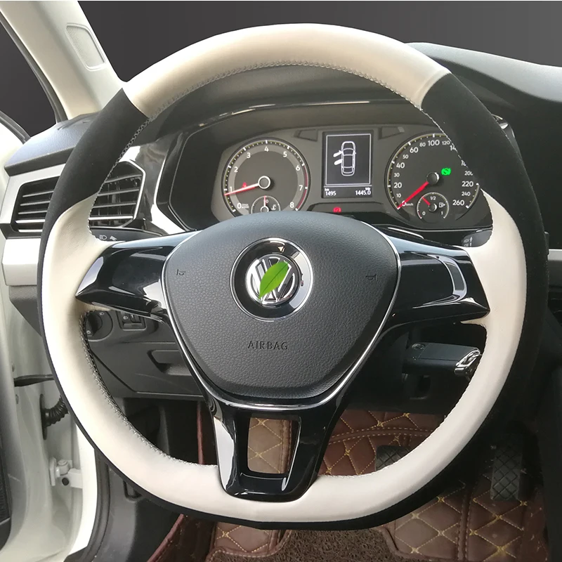 

100% Fit For Volkswagen Golf 7 Polo 5 Passat Tiguan 2013-2021 Hand-stitched Black white Genuine Leather car steering wheel cover