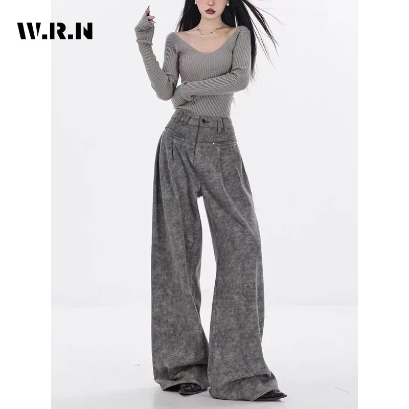 

American Retro High Street Casual Overalls Grey Loose Wide Leg Pants Women Y2k Vintage Hip-hop Full Length Grunge Trousers