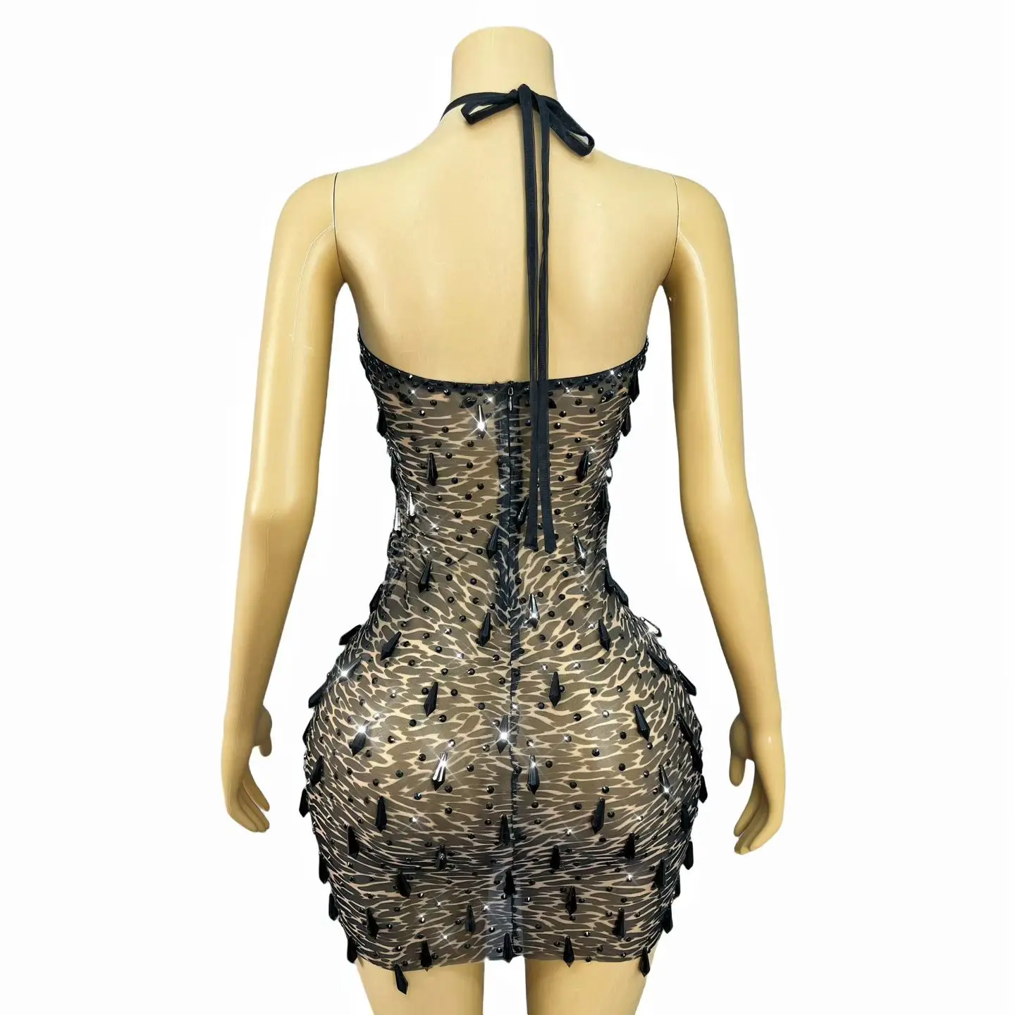 Luxury Sparkly Diamonds Sexy Mesh Sheer Backless Mini Dress Women Evening Prom Birthday Party Nightclub Photoshoot Stage Wear