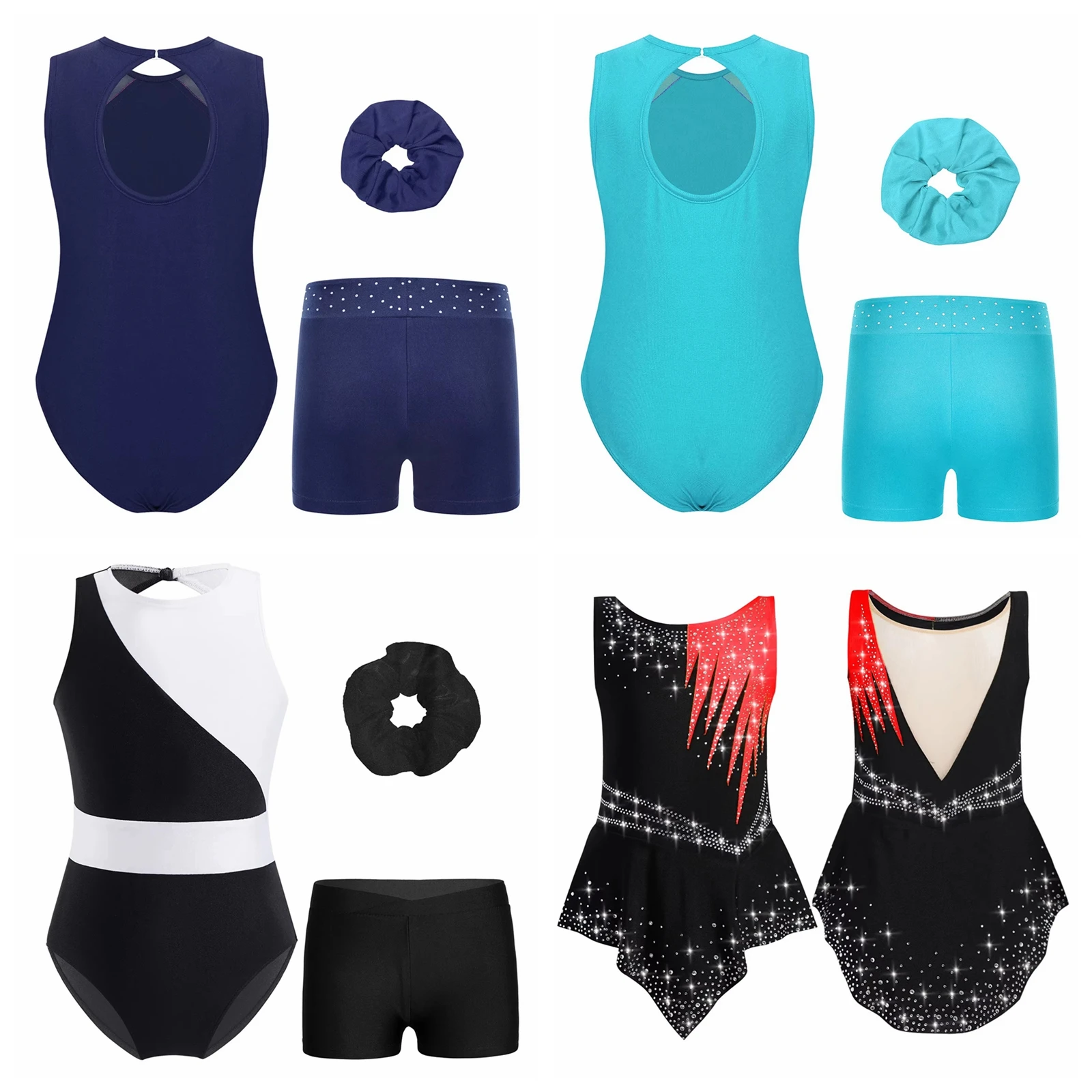 

Kids Girls Figure Skating Jumpsuit Contrast Color Dance Leotard with Shorts Teens Yoga Bodysuit Children Gymnastics Leotard