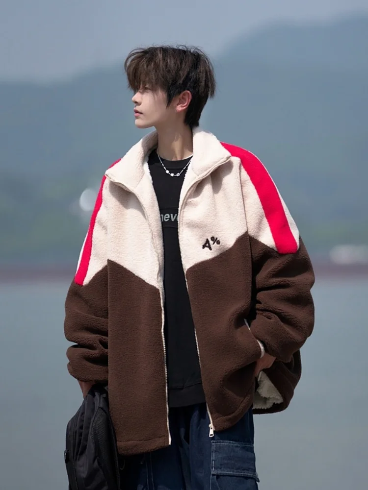 

Thiened Lamb Fur Cotton Jaet Men's Winter Warm Outerwear Youth Faion Brand Teenagers Trendy Sle Casual Long Sve Zi...