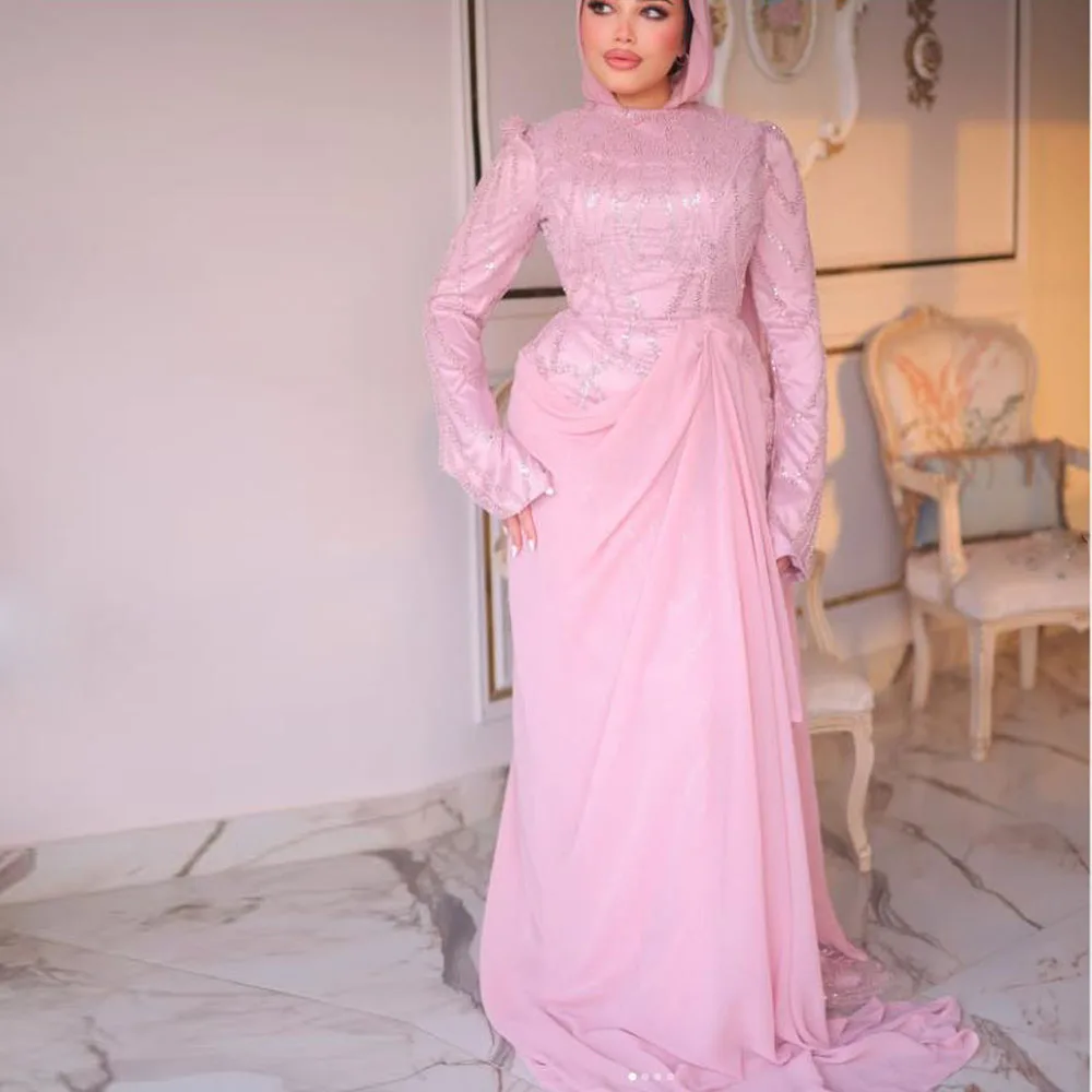 

Customized فساتين سهرة Chiffon Evening Dresses Sequin Beaded Muslim Formal Dress Hijab Draped Mermaid Outfits