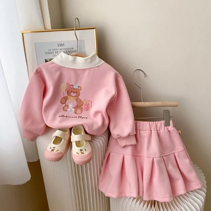 Girls Sweatshirts +Skirts Kids Suits 2PCS/Set 2023 Apricot Spring Autumn Cotton High Quality Sport Uniforms Children Clothing