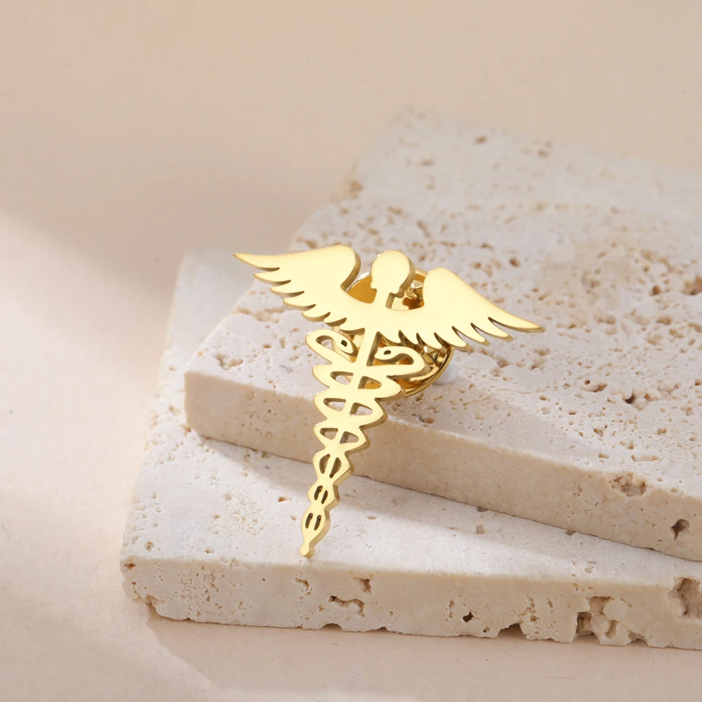 Dawapara Brosche mit Caduceus-Symbol, medizinisches Symbol, Zubehör, Reisende, Talisman, Abschlussgeschenk, Edelstahl-Schmuck – Detail 10