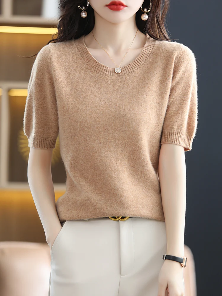 

Spring Autumn 100% Merino Wool Sweater Women's O-neck Pullovers Cashmere Knitwear T-Shirt Female Short Sleeve Wool Knitting Tops