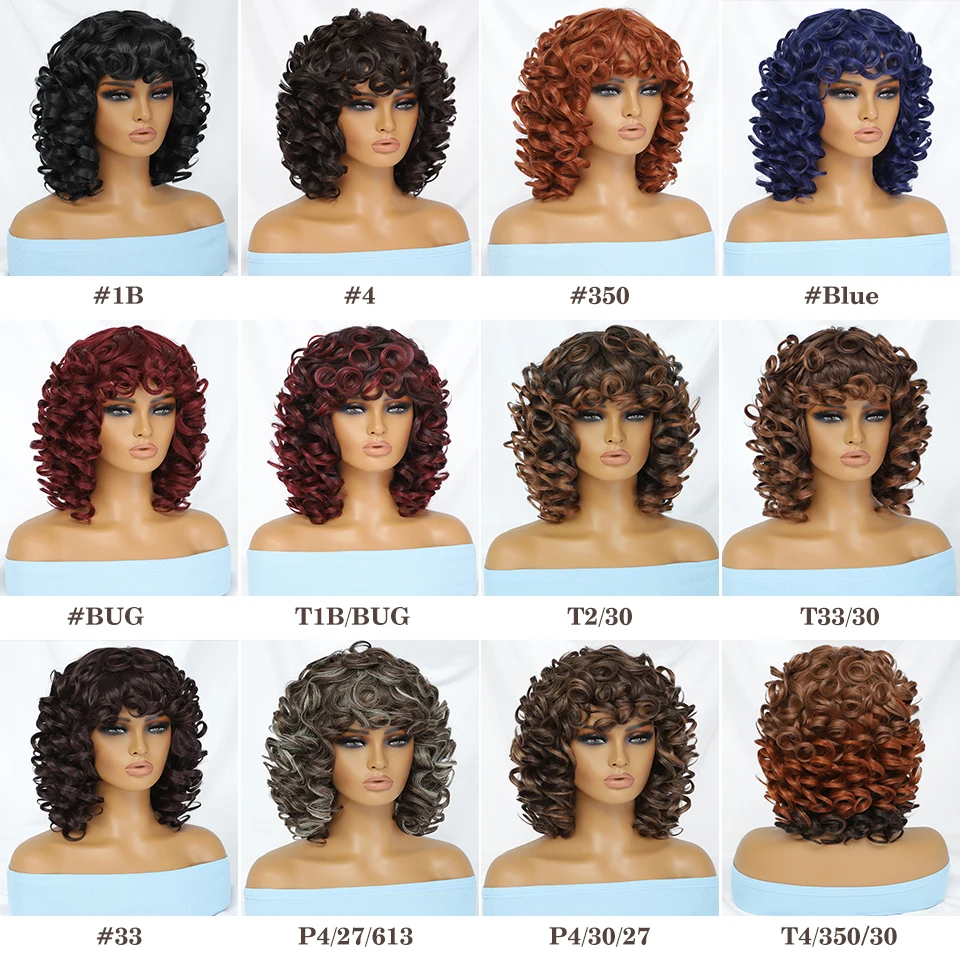 Short Hair Afro Curly Wig With Bangs Loose Synthetic Cosplay Fluffy Shoulder Ombre Black Blonde Wigs Natural For Women Wigs