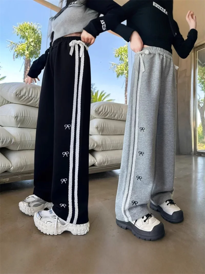 

Girls Bow Wide Leg Pants Spring Autumn Children Casual Sports Pants With Side Stripes Kids Straight Trousers Teen Sweatpants
