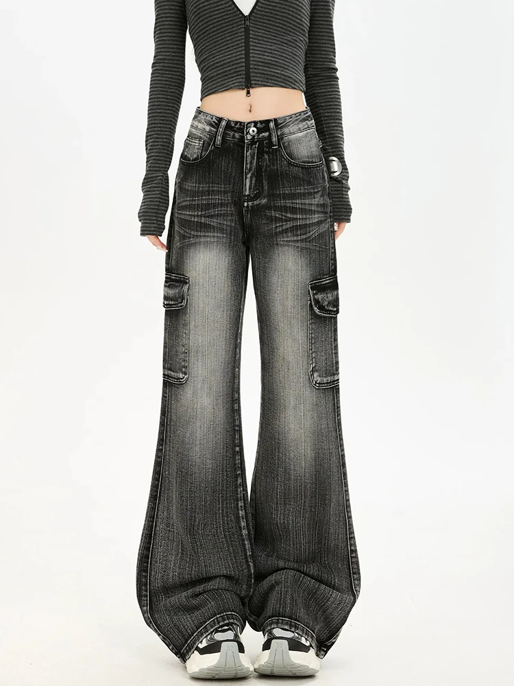 Y2K Micro Flared Jeans Women Black Gray Textured Workwear Pants Loose Non Stick Leg Autumn Hot Girls New