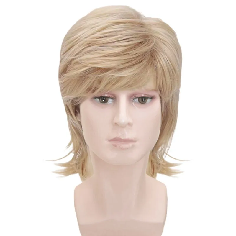 

Men's Wig Gold Slanted Upturned Short Mid Length Curly Wig+Wig Cap