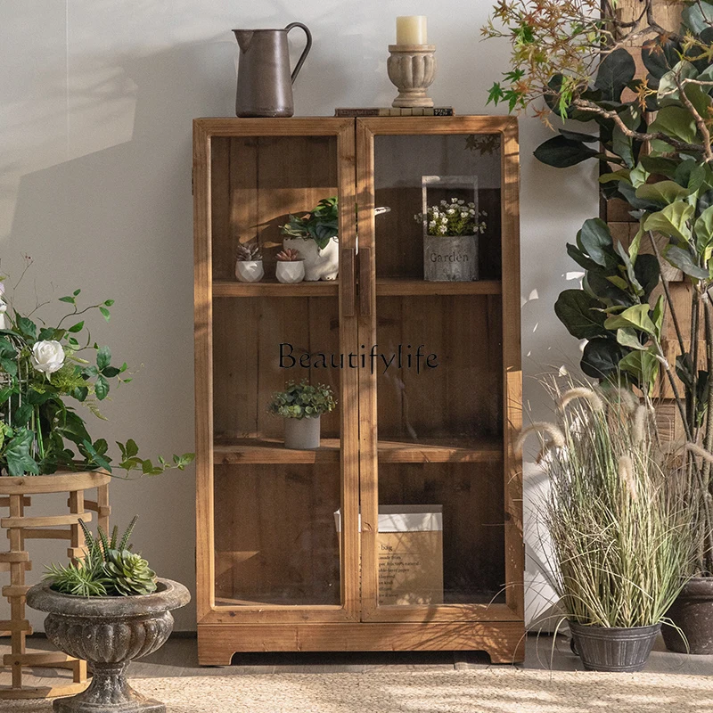 Wabi Sabi Wind Old Pine Display Cabinet with Glass Door Household Display Bookcase