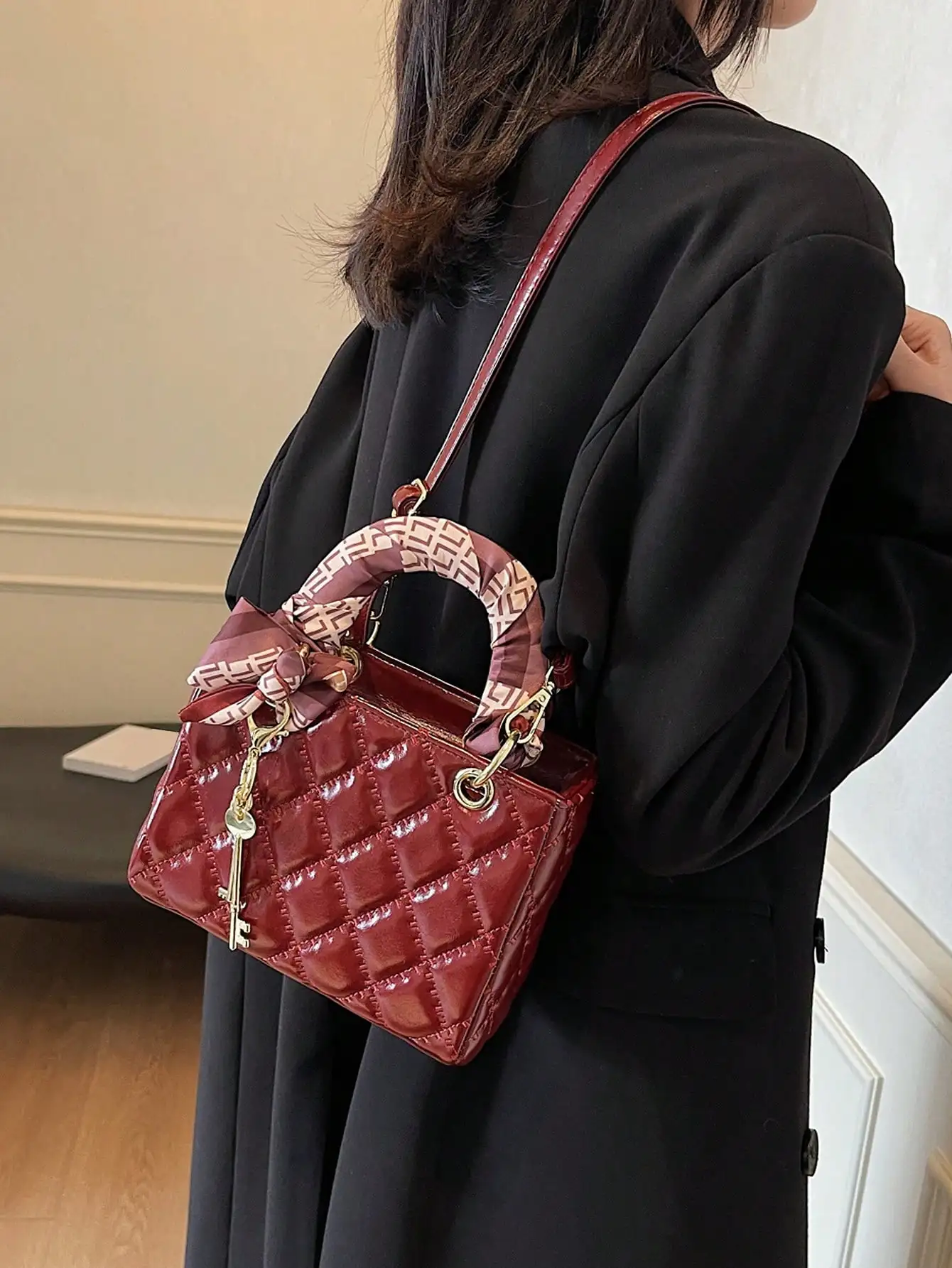 Quilted Small Square Bag Silk Scarf Key Pendant Niche Elegant Crossbody for Dating Gift