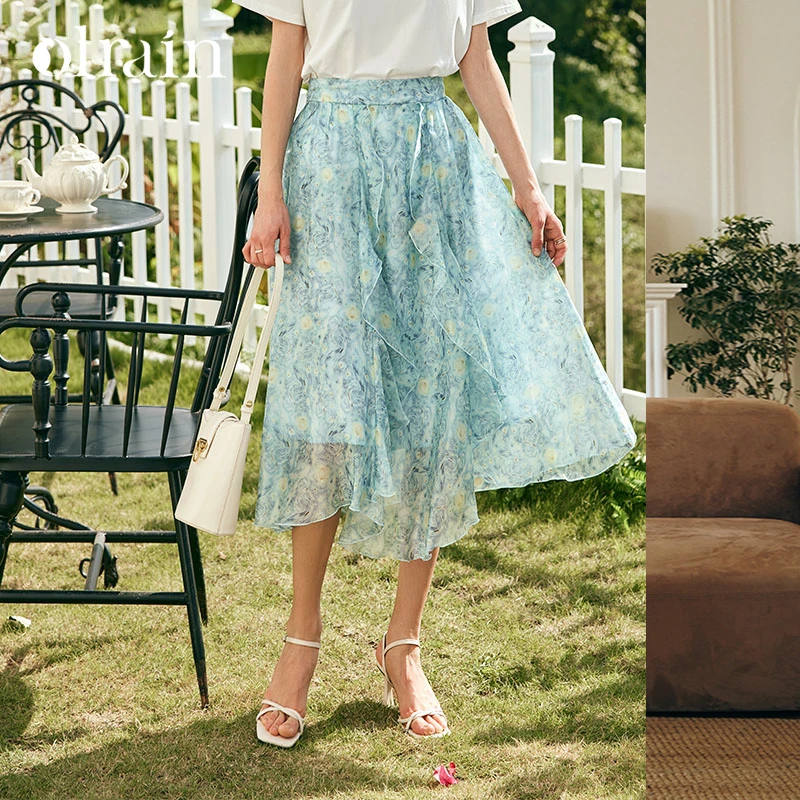 

OLrain Summer 2026 Chiffon Skirt Women A-line Floral Printed Ruffle Elastic High Waist Swing Midi Skirt Lady Clothes O23XB68863