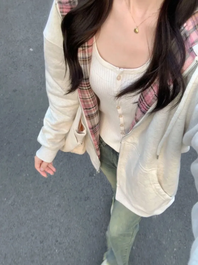 Preppy Style Women Sweatshirts Korean Sudadera Mujer Loose Zipper Hooded Long Sleeve Y2k Patchwork Striped Plaid Coats