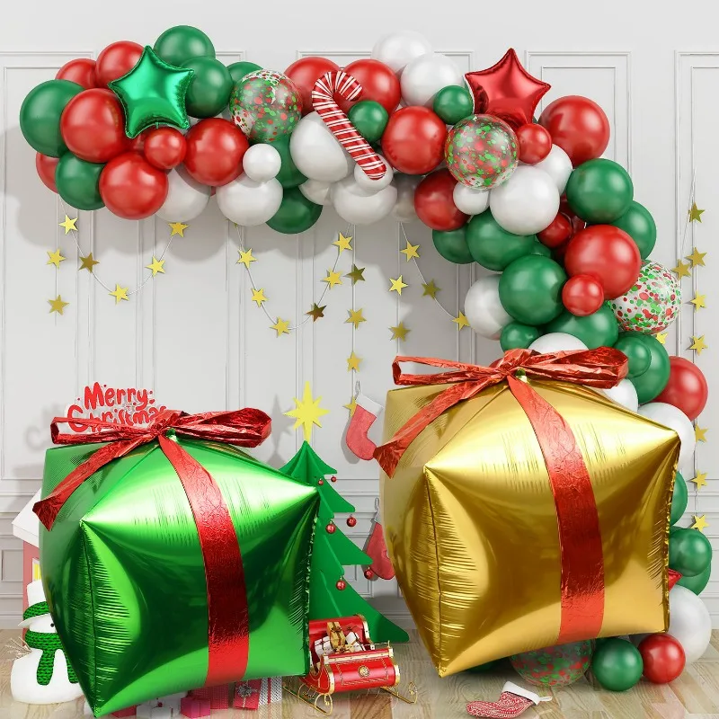 صناديق هدايا مكعبة، بالونات من رقائق معدنية لتزيين عيد الميلاد مع شريط هدية عيد ميلاد سعيد، صندوق هدايا عيد الميلاد الداخلي للمنزل #2