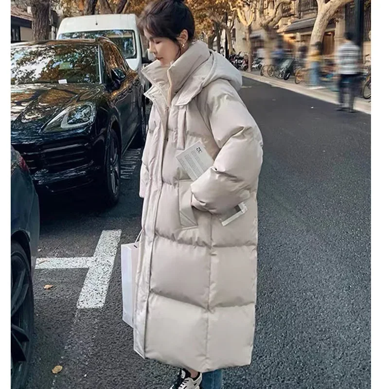 Parka lungo sciolto donna cappotto con cerniera spessa con cappuccio solido casual giacche a vita alta cappotti tascabili elegante signora caldo inverno 2025