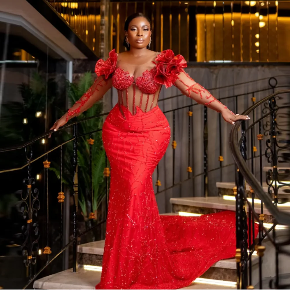 Red Lace Mermaid Prom Dresses Scoop Ruffles Beads Sequins Exposed Boning Plus Size Evening Dress Sexy Women Formal Party Gown