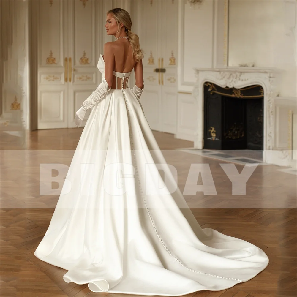 

BIGDAY Satin V-Neck A-Line Wedding Dress Women 2025 Pleat Open Back High Side Split Bridal Gown Vestidos De Noiva Customized