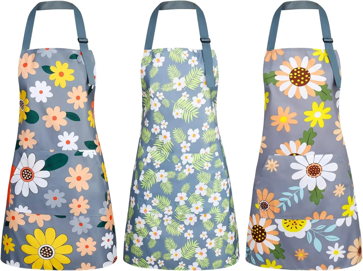 

3 Pack Floral Aprons with Pocket, Blooming Womens Aprons Waterproof Adjustable Cooking Aprons for Kitchen Gardening and Salon