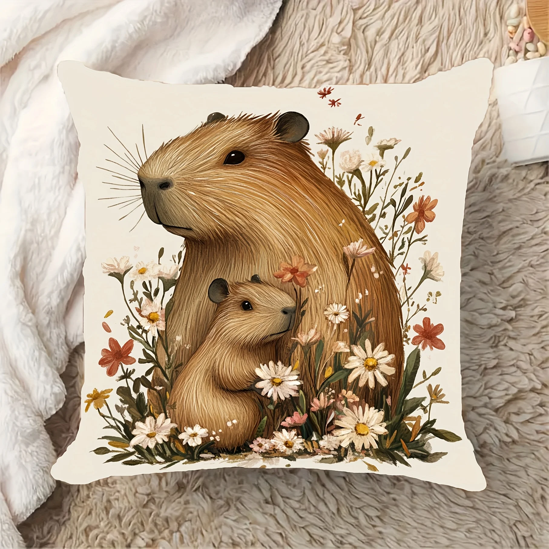Cute Squirrel Family Floral Print Throw Pillow Cover for Sofa Couch Home Decor Botanical Woodland Animals Cushion Case