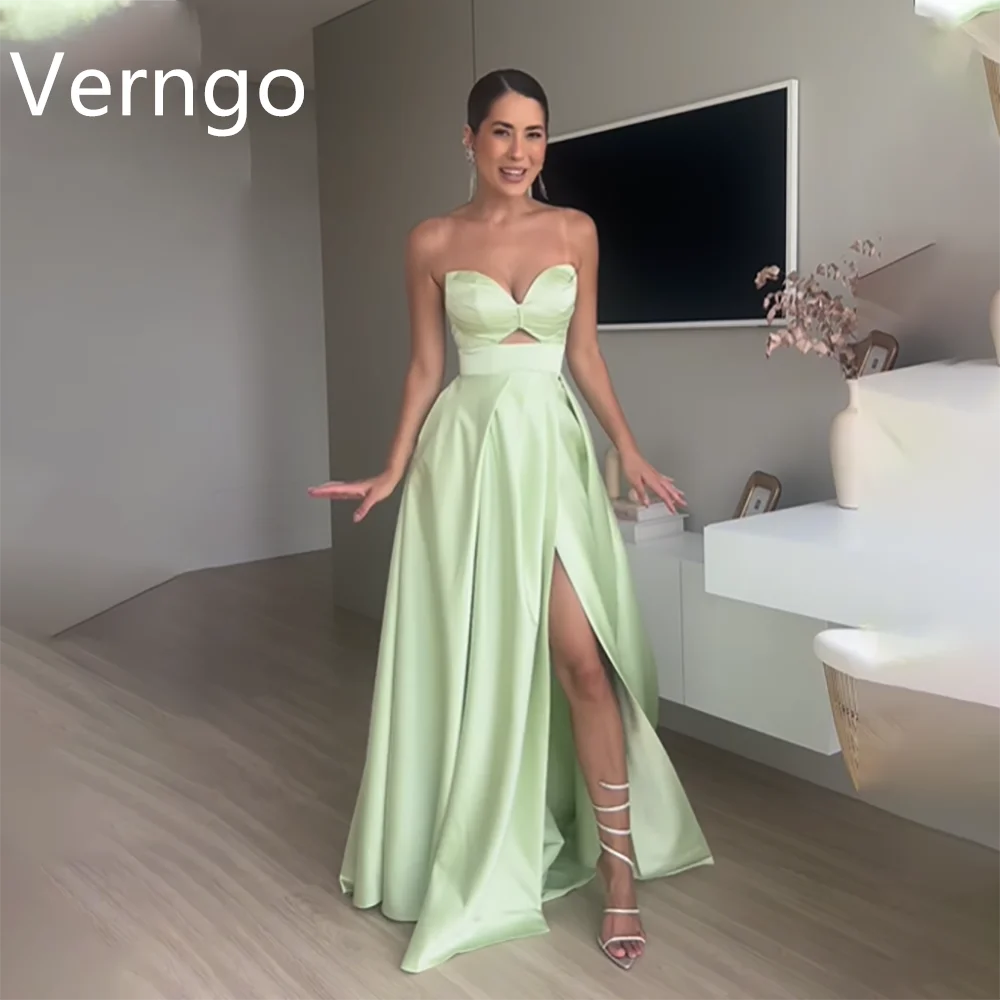 Verngo Green Satin Party Dress Sweetheart Cut Out Evening Dress For Women Side Slit A Line Prom Gowns Simple Customized