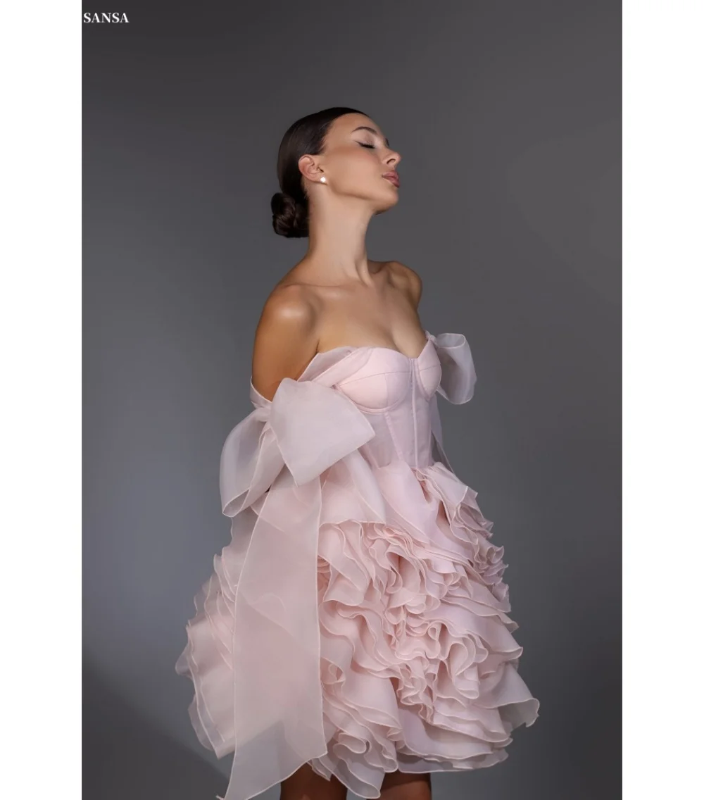 Sansa Customized Pink A-Line Bow Straps Ruffle Prom Dress Sweetheart Neck Sleeveless Vestidos De Noche Short Formal Evening 2026