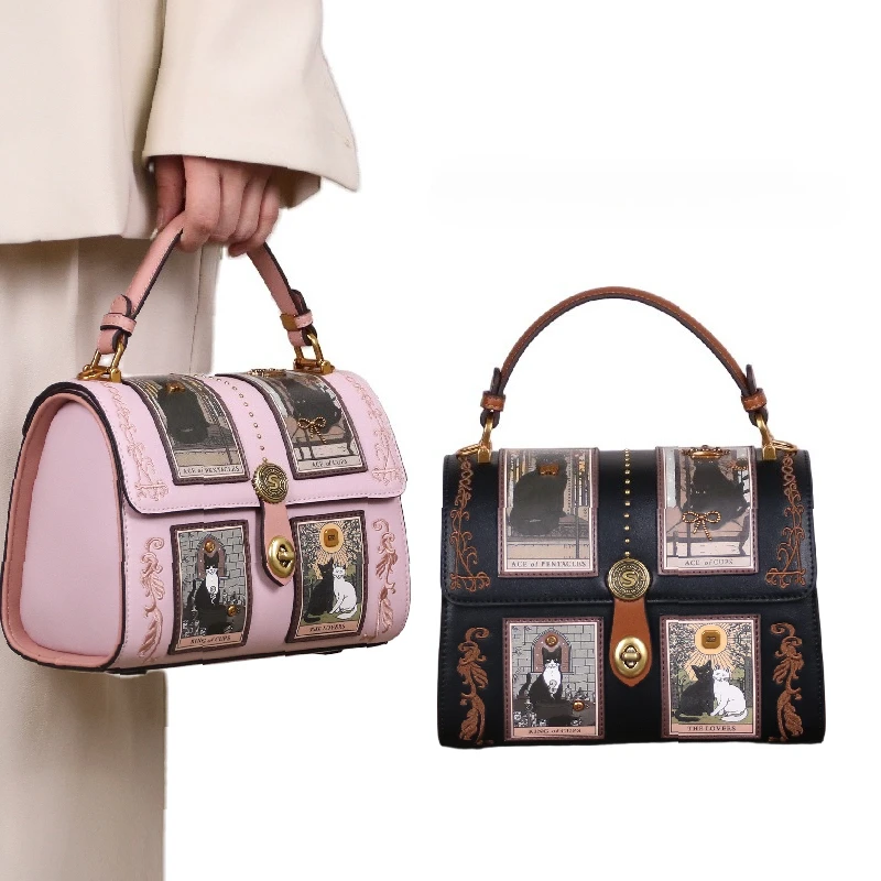 

2026 Luxury Designer Bags with Delicate Cartoon Cat Embroidery Printing Vintage and Elegant Shoulder Boston Handbags for Party