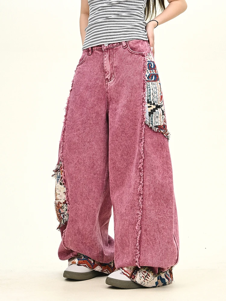 

Джинсы розового цвета с потертостями по краю, женские свободные широкие брюки BF в американском стиле, летнее новое поступление, повседневное удобное платье