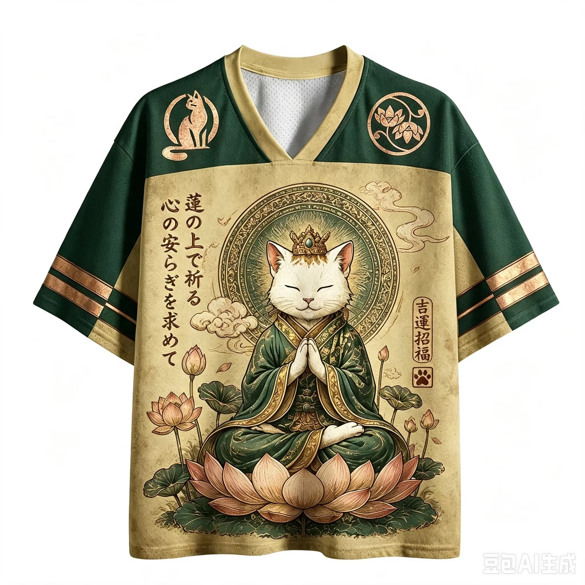 Buddha Cat Lotus Japanese Vintage Graphic Mesh Jersey V Neck Short Sleeve Loose Unisex Streetwear Sports Tee For Men Women