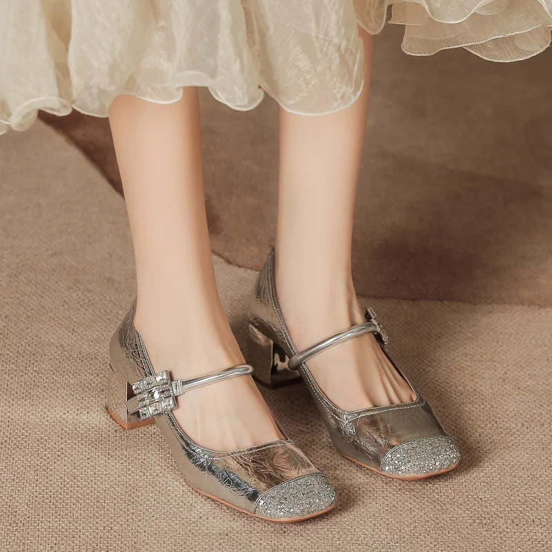 

Rhinestone silver Women's Summer High-End High Heels Square Toe Chunky Heel Mary Jane Shoes for Daily Wear with Skirts