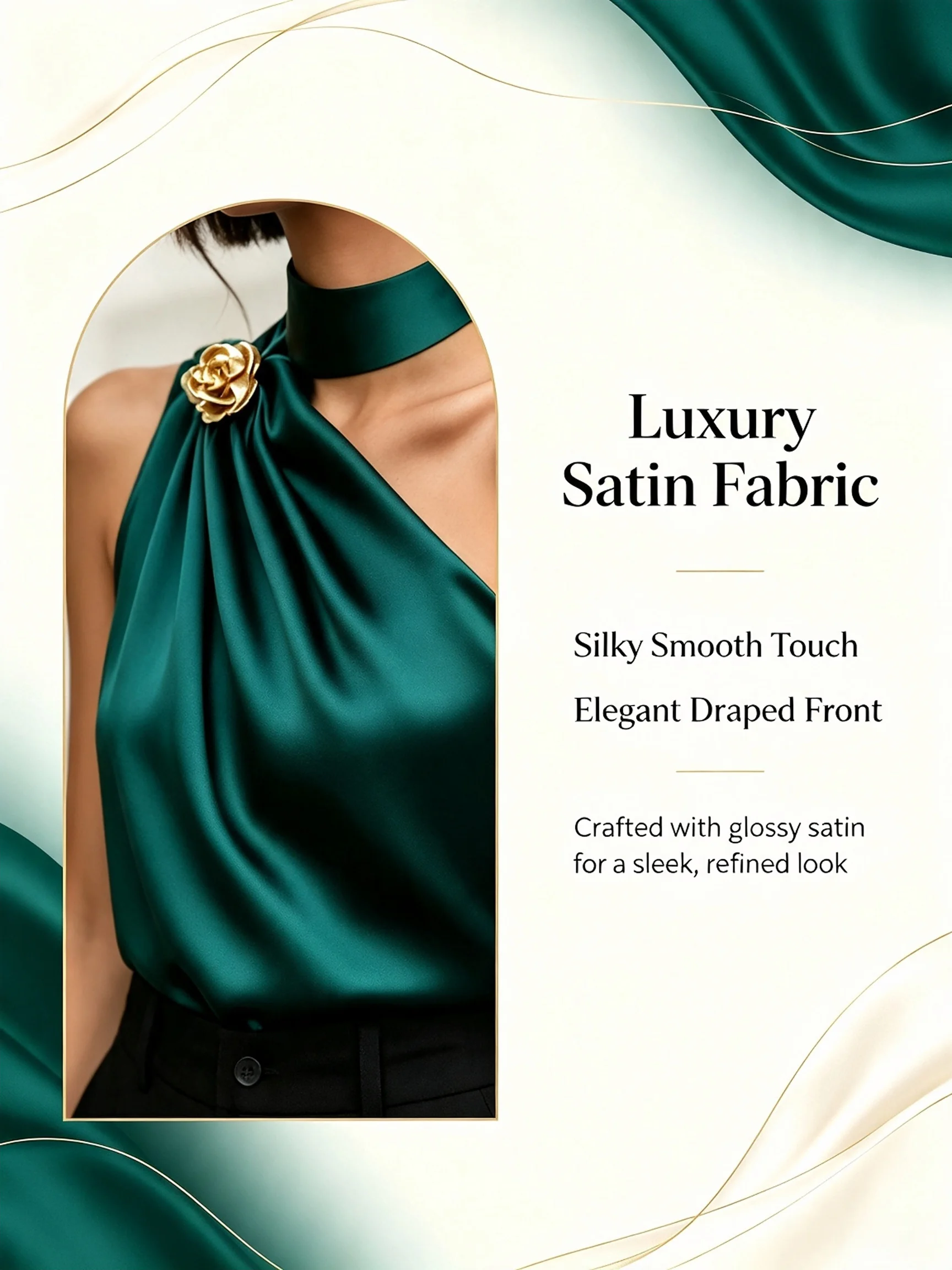 Smaragdgrünes Satin-Neckholder-Top mit einer Schulter für Damen, Elegante Goldrosen-Brosche, Drapierte Ärmellose Bluse, Party- und Abendhemd – Detail 2
