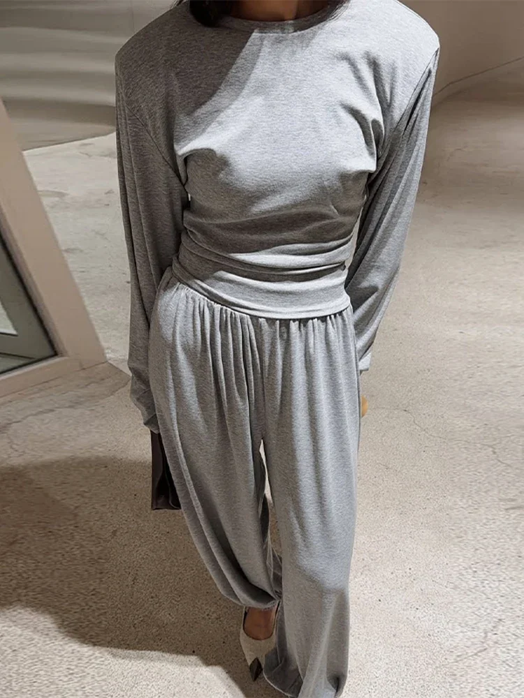 

O Neck Full Sleeve Back Lace Up Shoulder Pad Shirt Straight Pants Set Casual Spring Lady Suit for Women