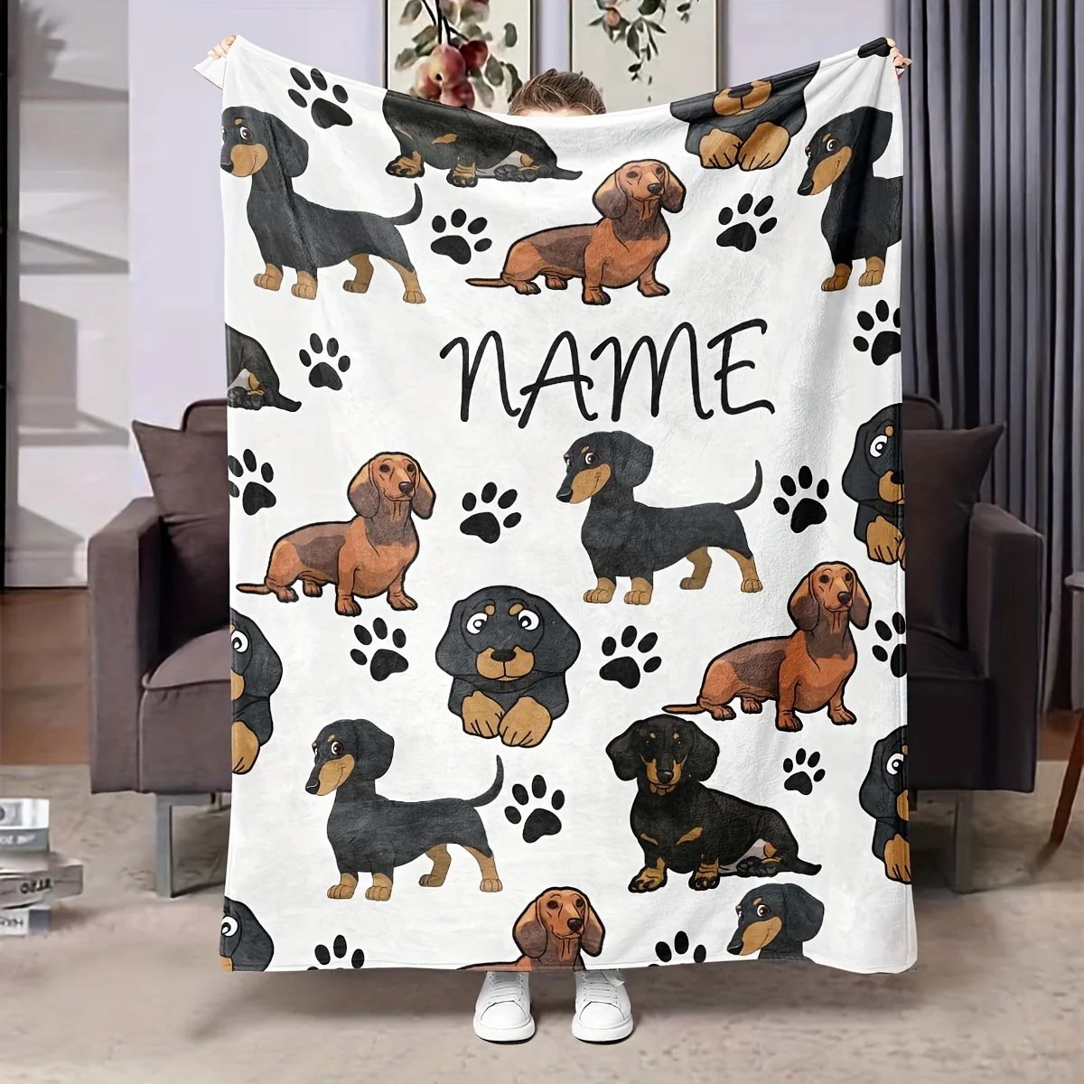 Name Customization Digital Printed Flannel Blanket Simple Cute Cartoon Dog Pattern Series Holiday Gift Office Living Room Sofa