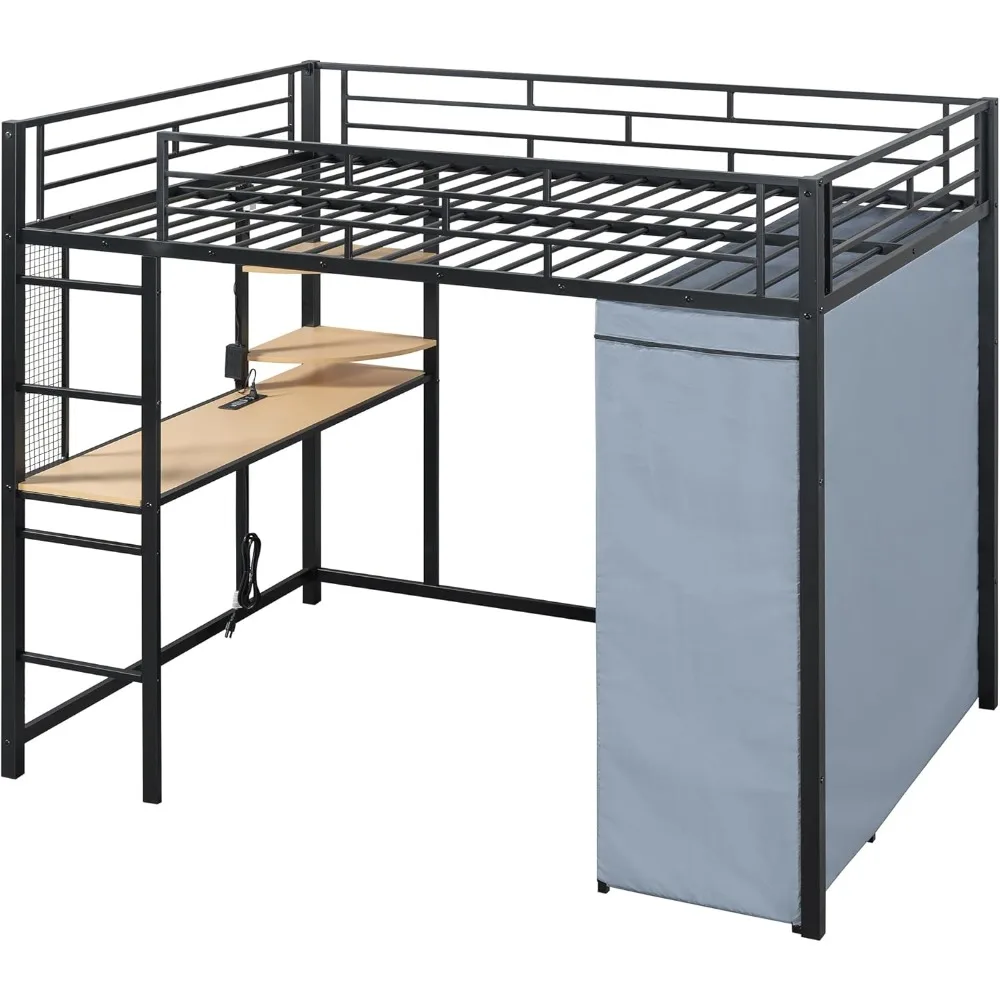 سرير علوي بالحجم الكامل مع مكتب، وأضواء LED، ومحطة شحن، وإطار سرير علوي معدني كامل مع خزانة ملابس وتخزين