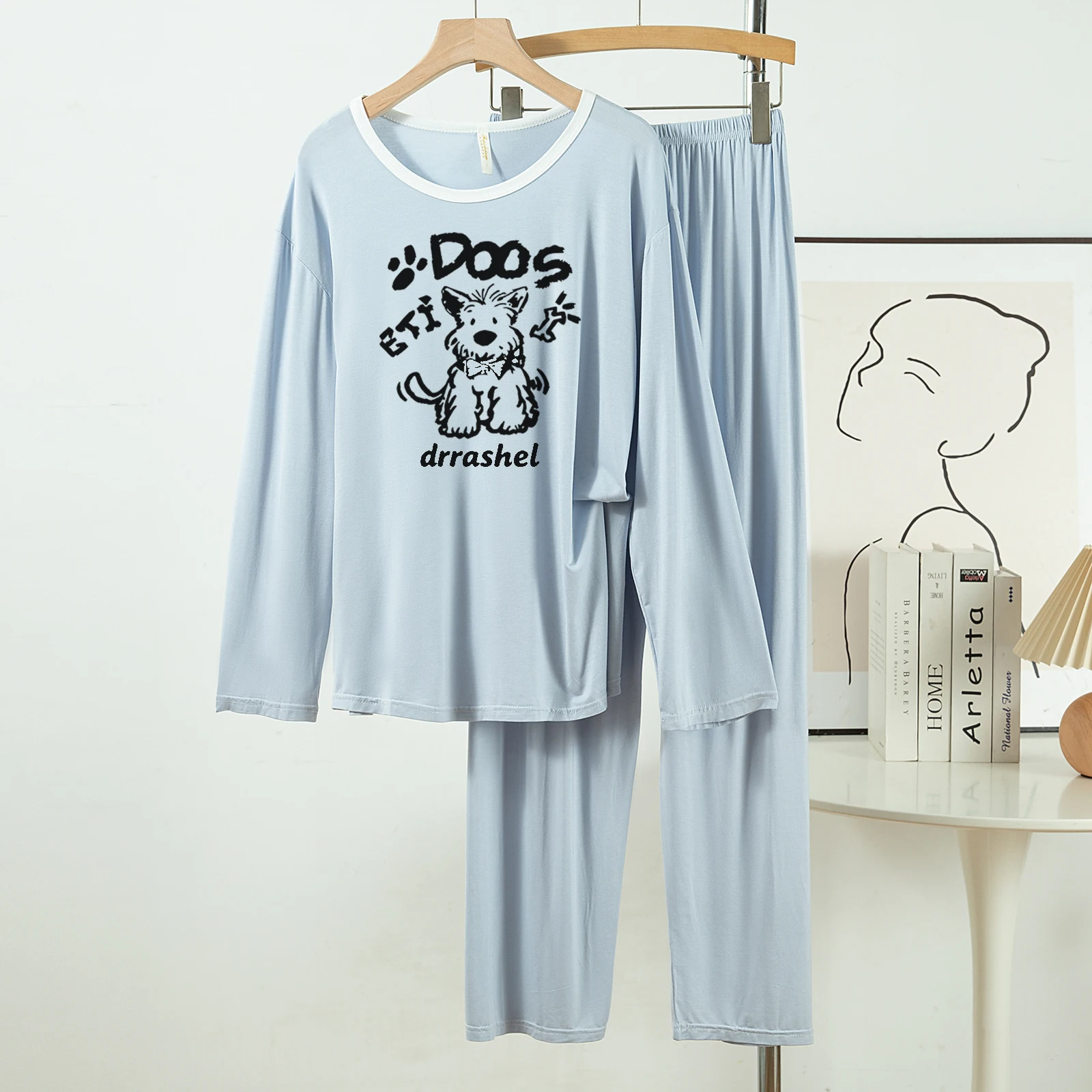 

5178-305 Новые повседневные и ленивые модальные пижамы с круглым вырезом для женщин, весенние и осенние длинные брюки с длинными рукавами, домашняя одежда из двух предметов