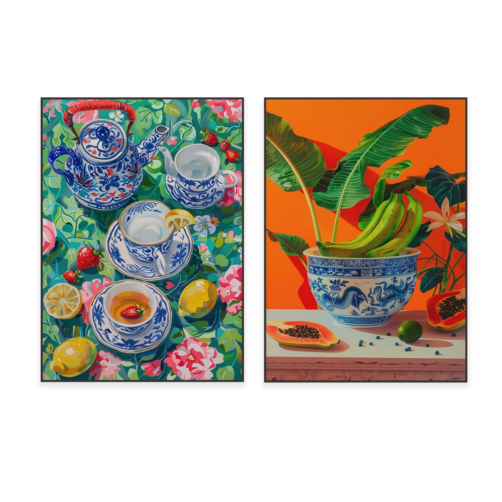 

Floral picnic art, tea, breakfast art, fruit poster, banana painting, porcelain bowl colorful minimalist art, stylish home decor
