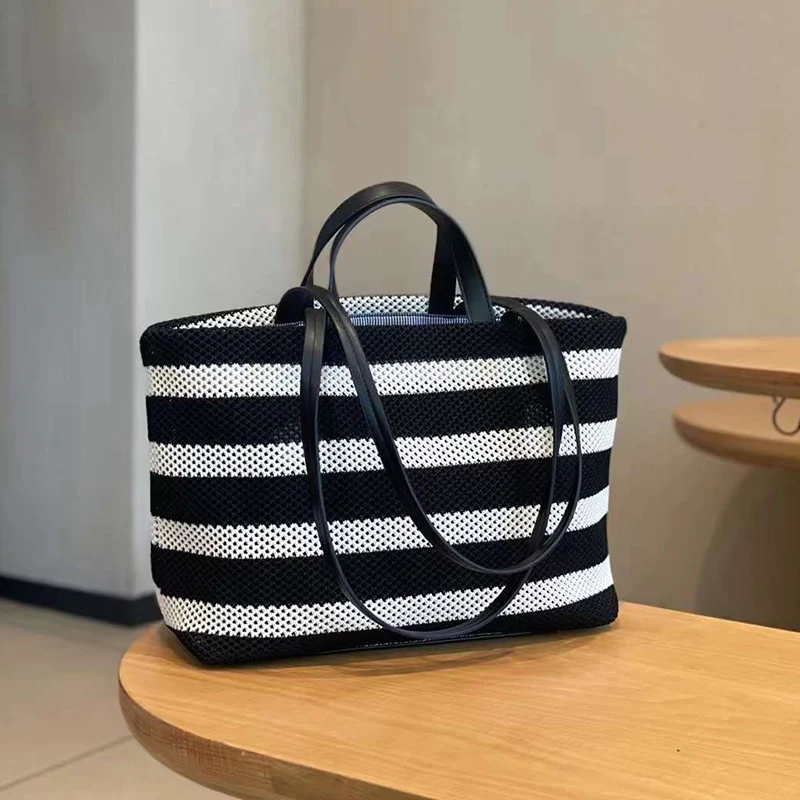 2024 Summer New Women Bag Plaitted Beach Totes Lady Black White Stripe Handbag Female Denim Striped Woven Shopping Shoulder Bag