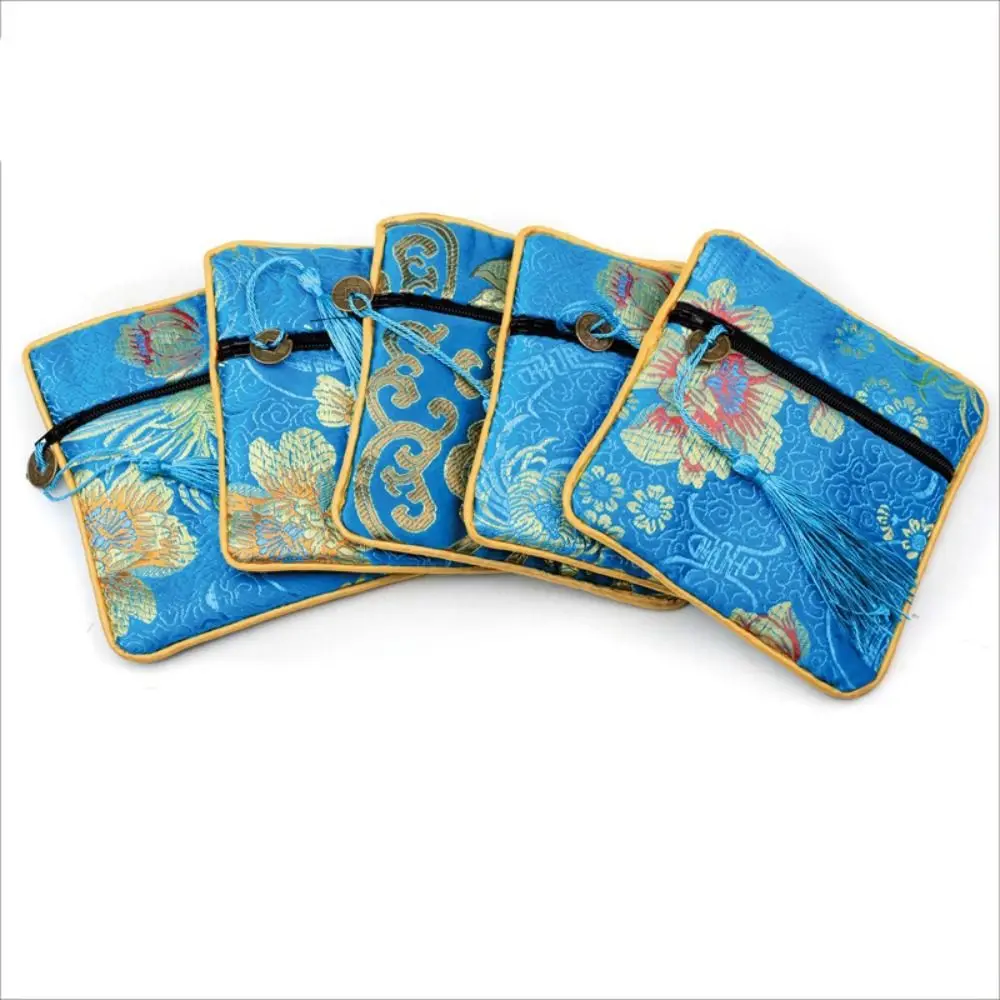 

Tassel Mini Embroidery Canvas Coin Purse Copper Cash Pendant Square Flower Jewelry Packing Bag Small Handbag Card Holder